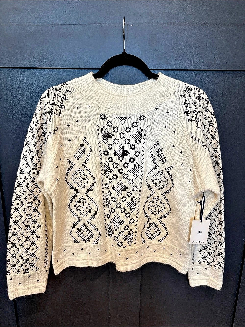 750. Stellah Cross Stitch Crew Neck Sweater in Cream & Black NWT